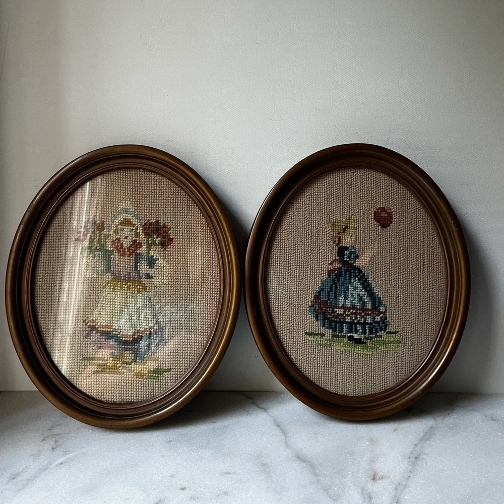 Vintage needle point Wall Art Set of 2 Victorian ladies with flowers